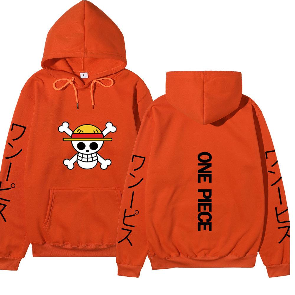 One Piece Straw Hat Jolly Roger Hoodie, Japanese Letter Sleeve Print Pullover Sweatshirt Unisex Casual Streetwear