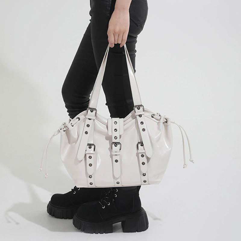 Bolsa de Ombro com Cordão para Motocicleta Estilo Retrô Bolsa Tote de Couro Sintético Fivela Simples Casual Grande Capacidade Bolsa de Ombro para Comutação Nova