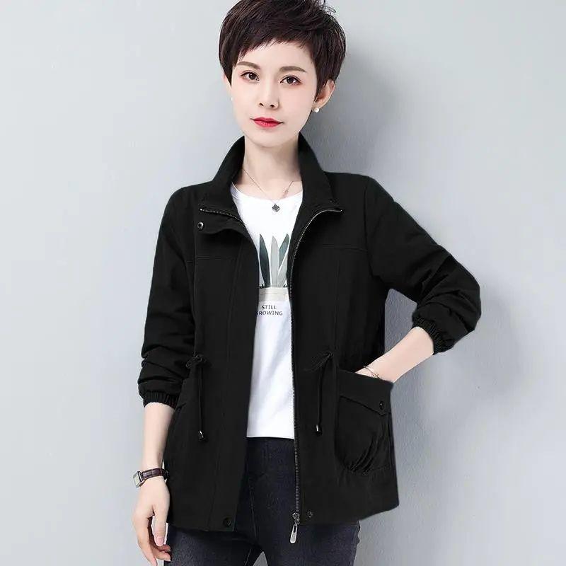 Double Layer Dámské Velké velikosti Jaro Podzim Korejské Velké Podšívka Podšívka Větrovka Stahovací šňůrka Pas Stojáček s límečkem