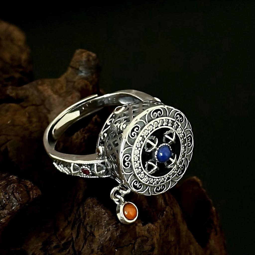 S925 Sterling Silver Thai Vajra Ring with Rotating Nan Hong Agate, Retro Ethnic Style, Adjustable for Men and Women.