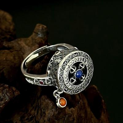 S925 Sterling Silver Thai Vajra Ring with Rotating Nan Hong Agate, Retro Ethnic Style, Adjustable for Men and Women.