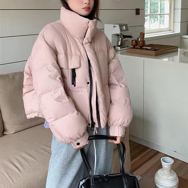 Women's Long Sleeve Stand Collar Down Coat Loose Urban Style Short Puffer Jacket Winter Warm Outerwear