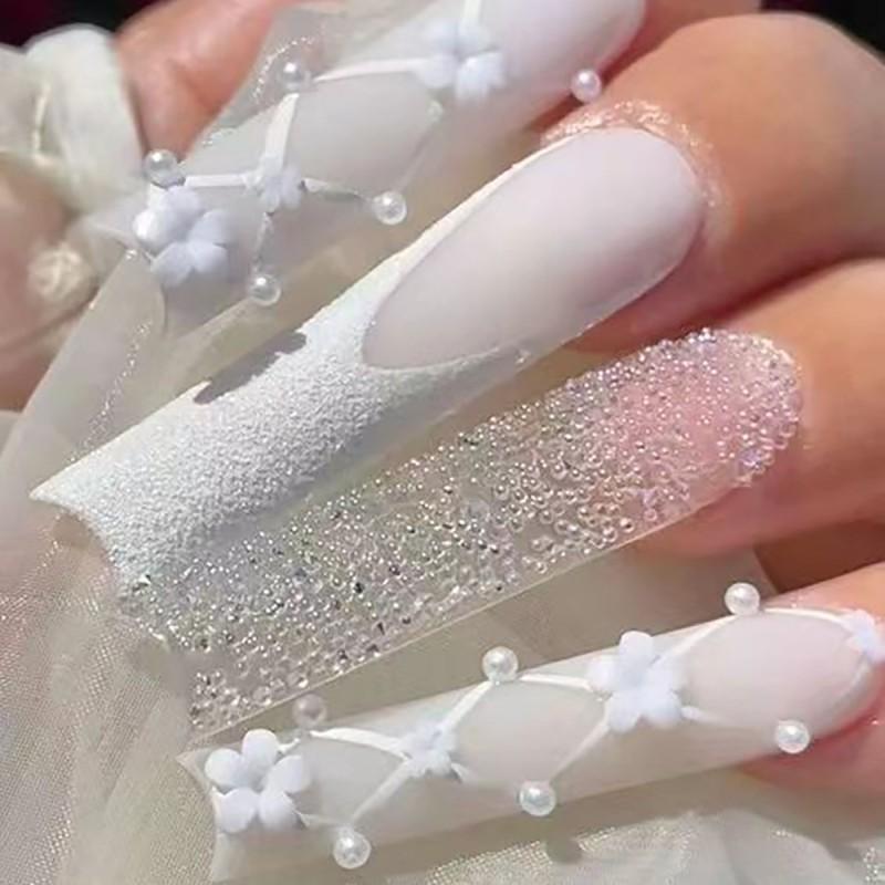 Sweet Style Press-On Nails With Pearl Accents Glitter Long Wearable Nail Tips Women Adhesive Type