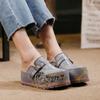 Johnature Hand Drawn Genuine Leather Thick Soled Shoes Fashion Round Toe Height Increasing Slippers