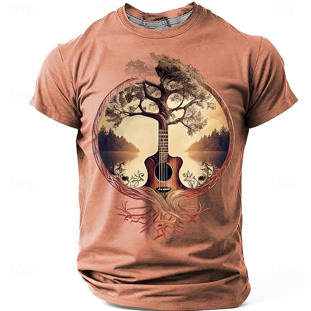 Men s Acoustic Guitar Tree of Life Graphic T-Shirt Nature Roots Surreal Music Art Folk Musician Gift Sunset S