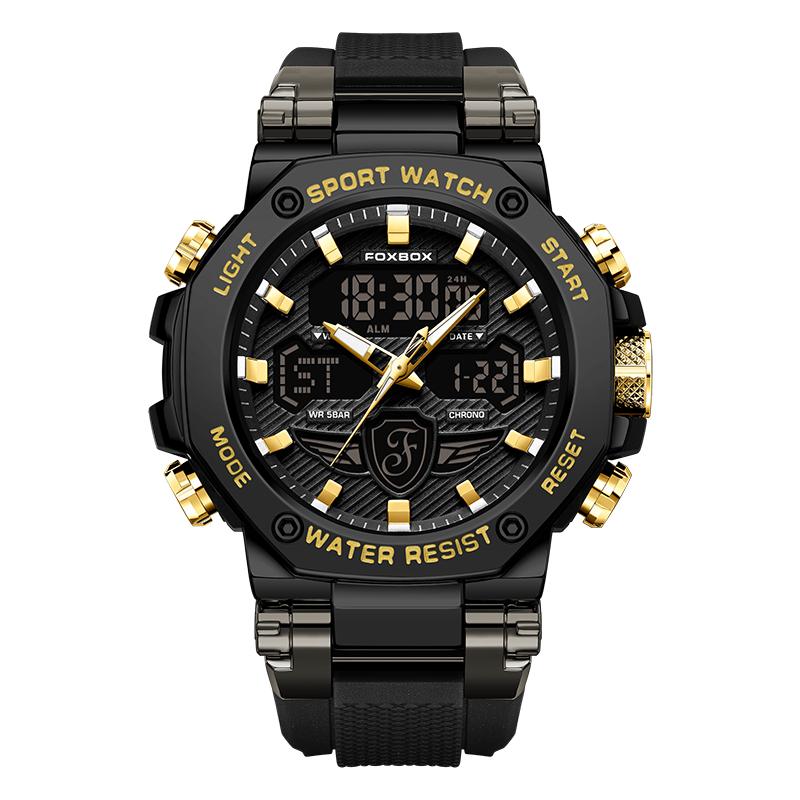 For FB0062 Luxury Gold Sport Watch Men 50m Waterproof Quartz Luminous Hands Chronograph Digital Watch Alarm Stop Silicone Watch