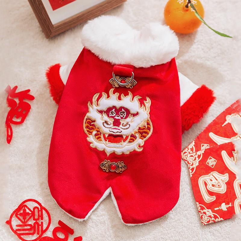 Winter Pet Dog Velvet Chinese Lion Costume Cotton Coat Thick Warm Outfit Small To Large Dogs