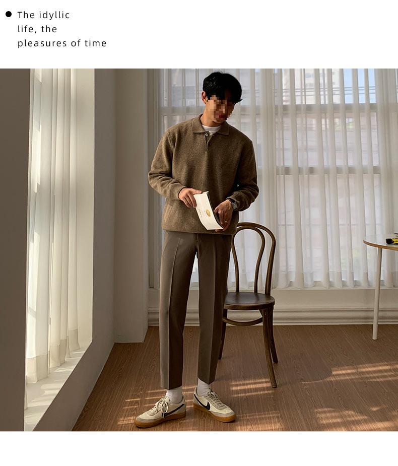 Men's Casual Loose Fit Polo Collar Knit Sweater - Autumn Solid Color Korean Hong Kong Style