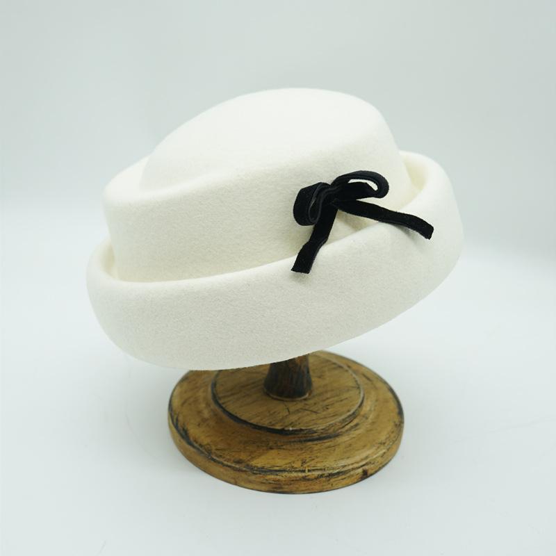 White Elegant Bow Curled Wool Woolen Top Hat Female Autumn And Winter Warm Japanese Felt Cute Versatile Socialite