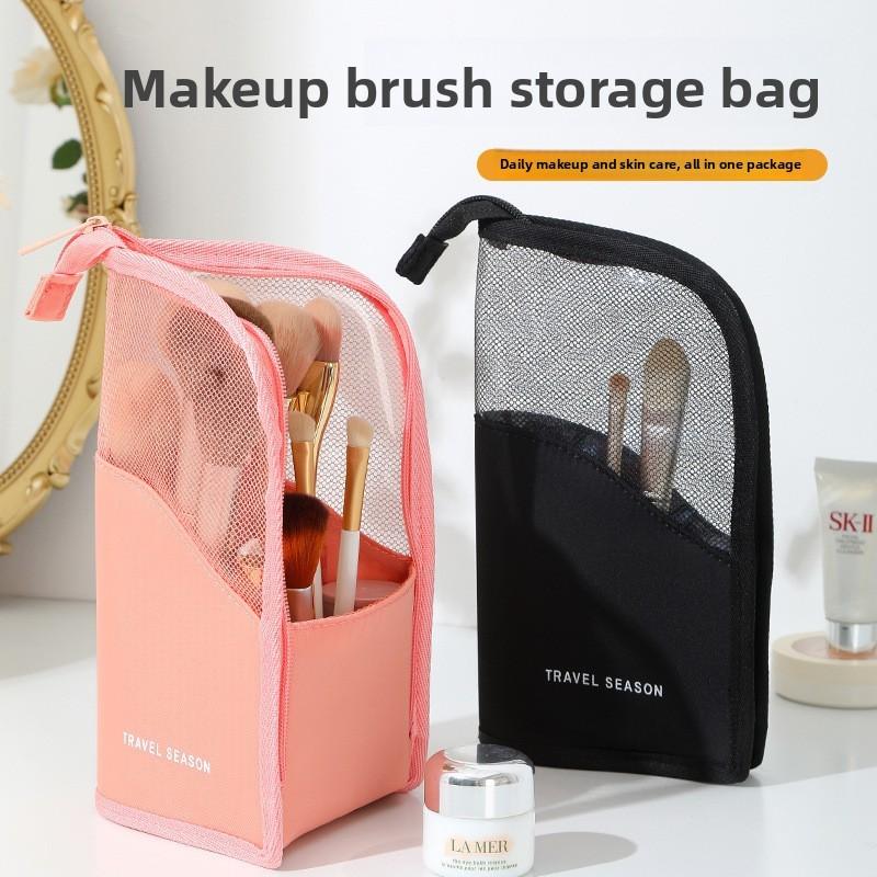 Portable Cosmetic Storage Bag With Mesh Panel For Travel And Desk Organization