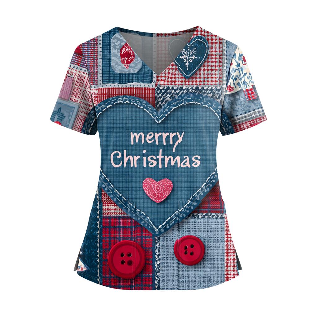Women's Christmas Print V-Neck Double Pocket Short Sleeves Hem Slit Uniform And Caregiver Top