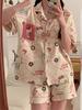 Japanese Princess Style Cartoon Kitty Cat Pajamas Women's Summer Short-sleeved Shorts Cardigan Set Women Ins Loungewear