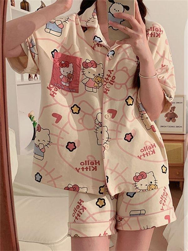 

Japanese princess style cartoon Kitty cat pajamas women s summer short-sleeved shorts cardigan set women ins loungewear S