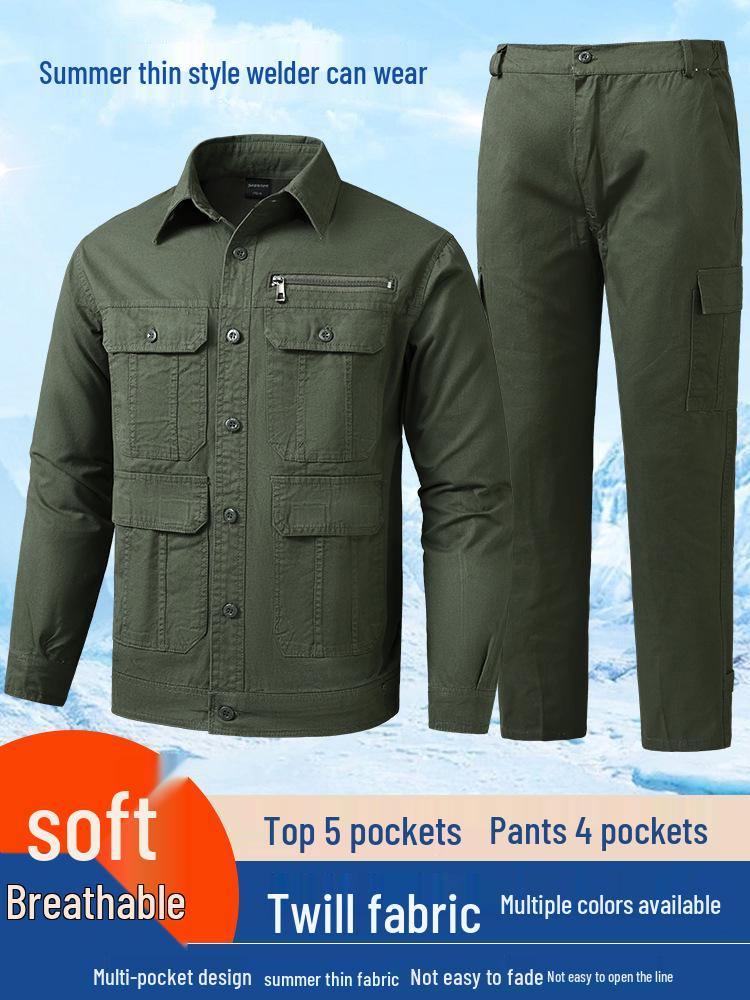 Conjunto de Roupa de Trabalho de Verão para Homem em Sarja de Algodão - Leve, Corte Solto com Design Multibolsos para Soldadores