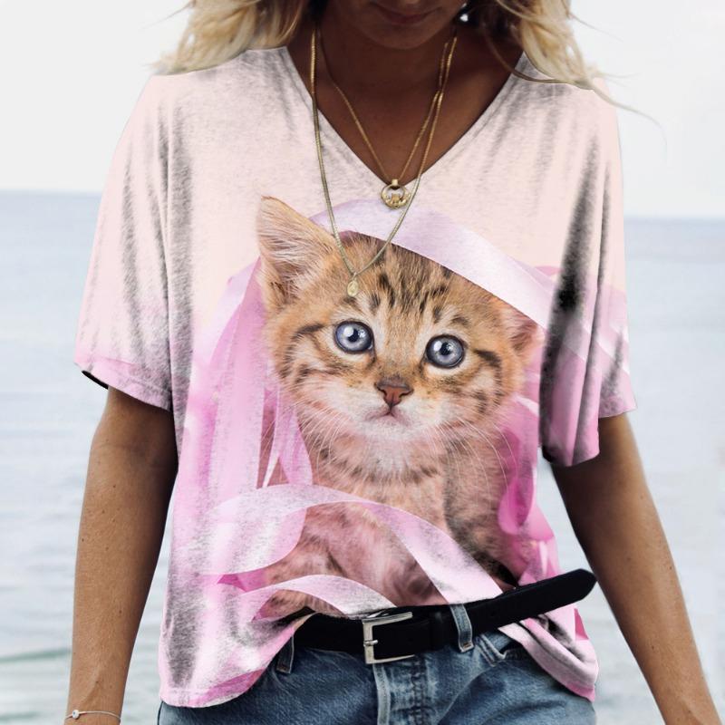Sommer Damen V-Ausschnitt T-Shirt Niedliche Katze Orangescheiben Aufdruck Lässig Locker Kurzarm Top