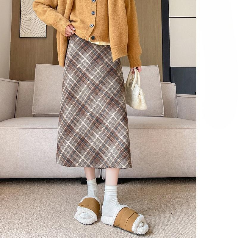 Women's Winter Fleece Lined Plaid Pencil Skirt High Waist Tummy Control Wrap Midi Skirt