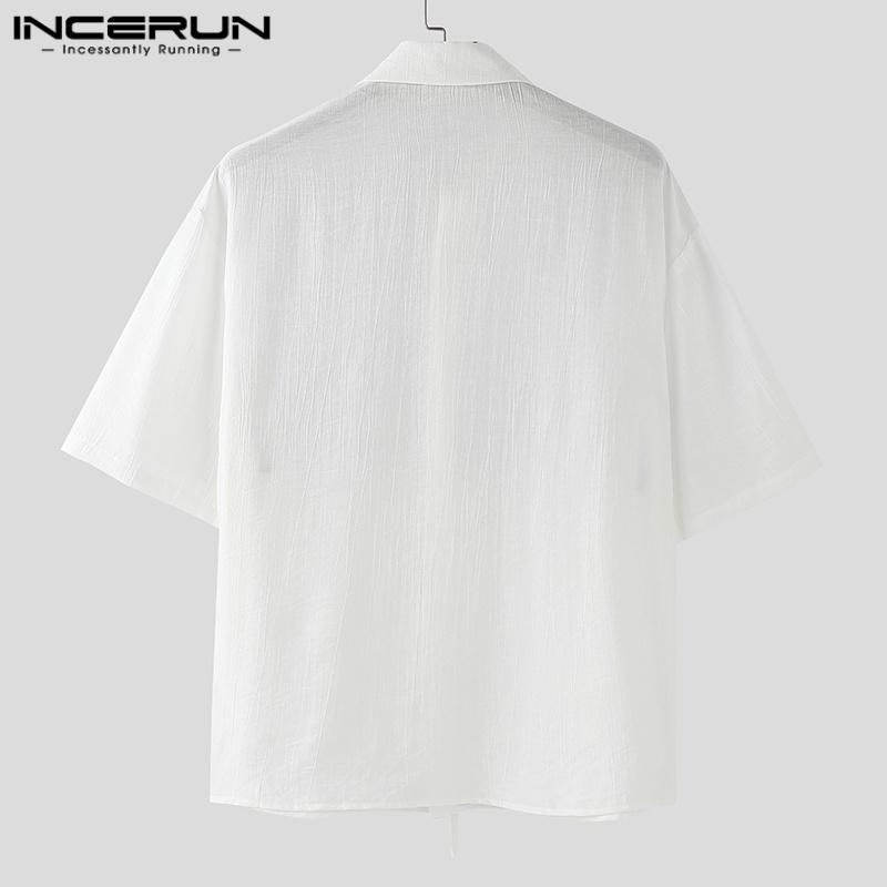 INCERUN Herren Reverskragen Kurzarm Gestreift Spitze Patchwork Lässig Oversized Hemden