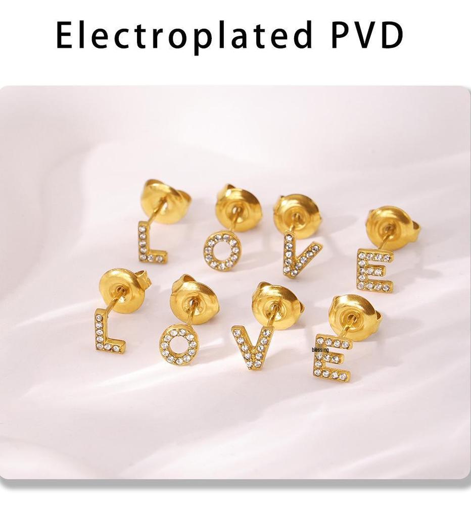 Oumeika Titanium Steel Jewelry Set: 26 Zircon-Inlaid Letters, PVD Gold-Plated Necklace, Bracelet, Earrings, and Ring.