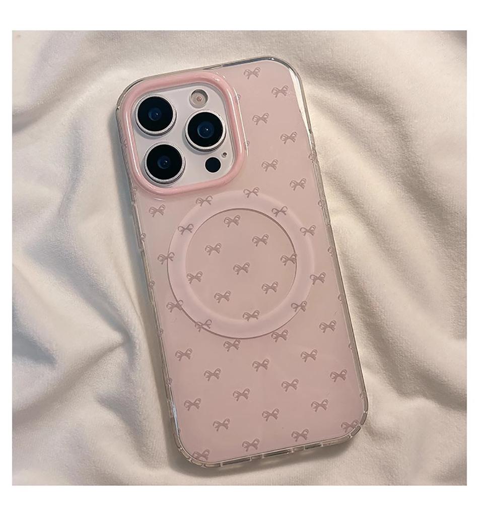 Cute Pink Bowknot Bow Magnetic Grip Tok Wireless Charge Phone Case for iPhone 16 15 14 13 17 Pro Max For Magsafe Holder Cover