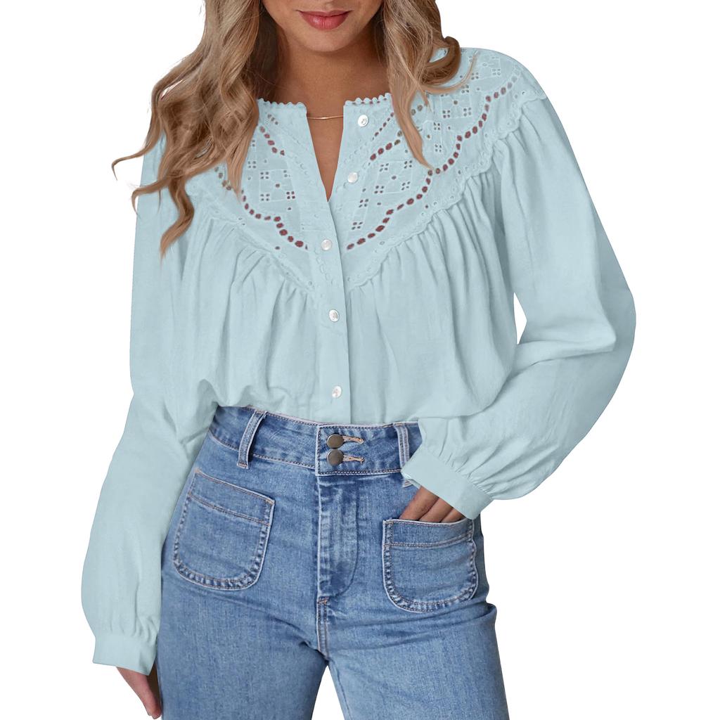 Women's Fashion Loose Lace-Up Openwork Blouse With Round Neck And Long Sleeves