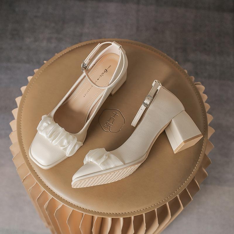 High heels for women's spring Mary Jane small leather shoes thick heel square head single shoes for women