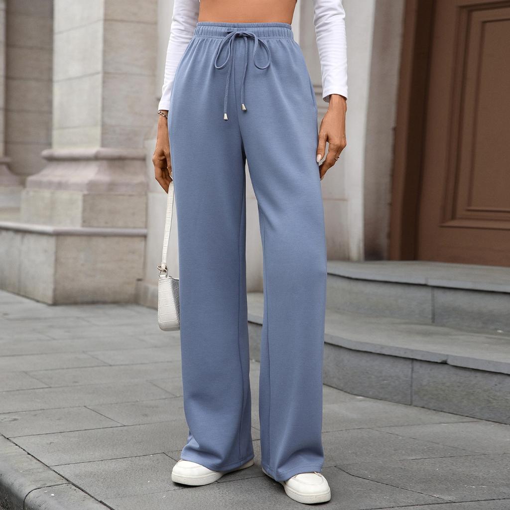 Fall Winter New Women's Solid Color High Waist Loose Straight Long Trousers With Pockets Elastic Waist Casual Pants For Crossborder Trade