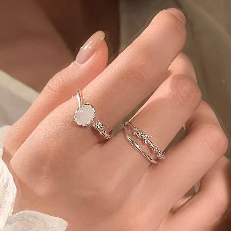 Damen 925 Sterling Silber Mondstein Offener Ring - High-End Light Luxury Zweilagiger Bandring
