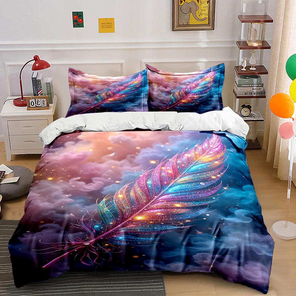 Colorful feather with sparkles. Bedding sets Duvet cover sets Duvet covers Pillowcases(1 * Duvet Cover 2 * Pillowcases without duvet insert)