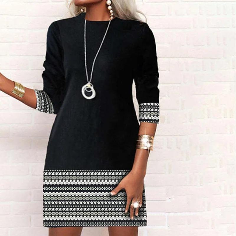 Autumn Women's Fashion Round Neck Slim Fit Long Sleeve Printed A-Line Dress Plus Size Elegant Dress Top