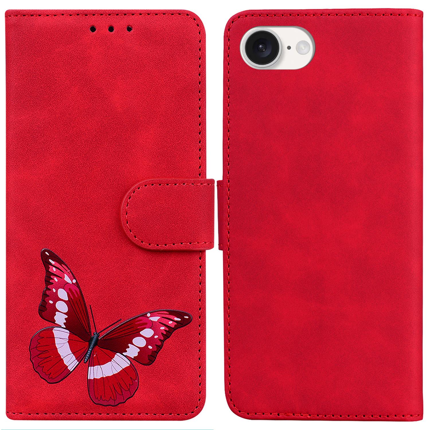

For iPhone 16e Case Butterfly Pattern Wallet Stand Leather Phone Cover Red