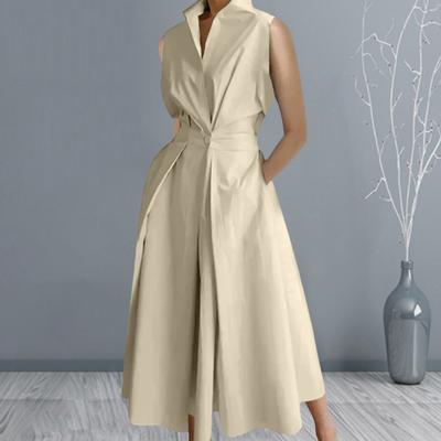 Damen-Kleid mit Revers-Knopf, A-Linie, großer Schwung, eng, hohe Taille, ärmellose Taschen, formeller Pendler-Stil, einfarbig, Damen-Midikleid