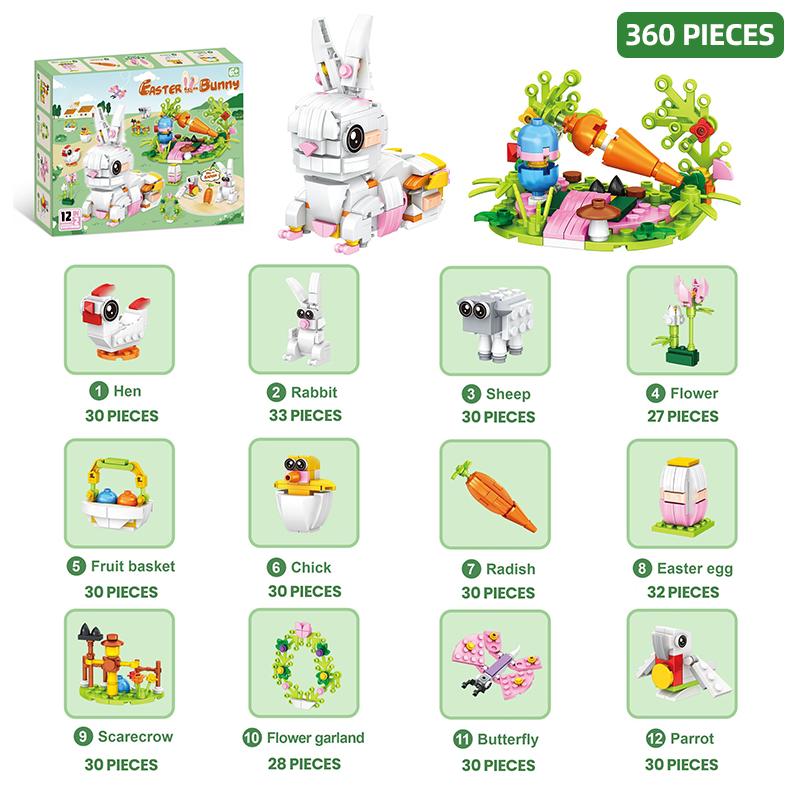 

12 In 1 Rabbit Carrot House Construction Blocks Flower Bunny Easter Animal Assembled Blocks Model Kids Toys Education Festival Gifts