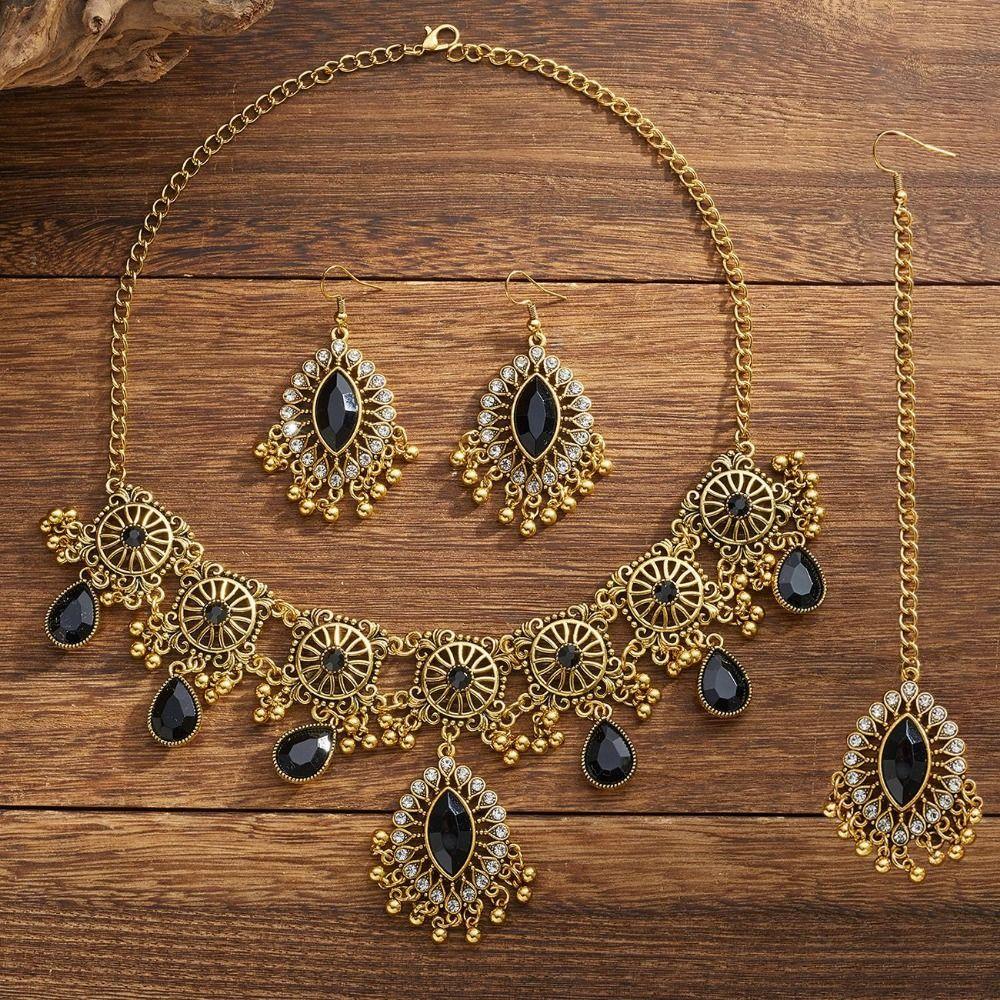 Rhinestone Inlaid Necklace Earrings Set Hollowed Out Forehead Ornament  Bridal