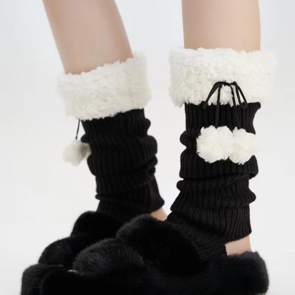 1pair Solid Color Knitted Leg Warmers Warm Winter Foot Cover Cute Mid-Calf Length Socks Girl