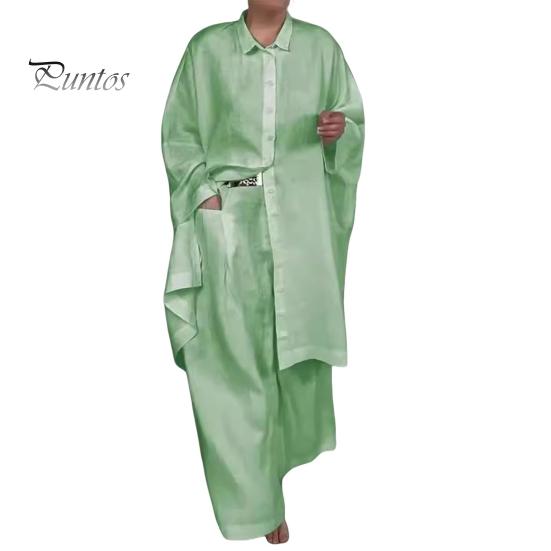 

2 шт./компл., осенне-весенняя женская рубашка и брюки, комплект, блузка на пуговицах с длинными рукавами и лацканами с нагрудным карманом, эластичные брюки на талии, OL для поездок на работу, спорт XL зелёный