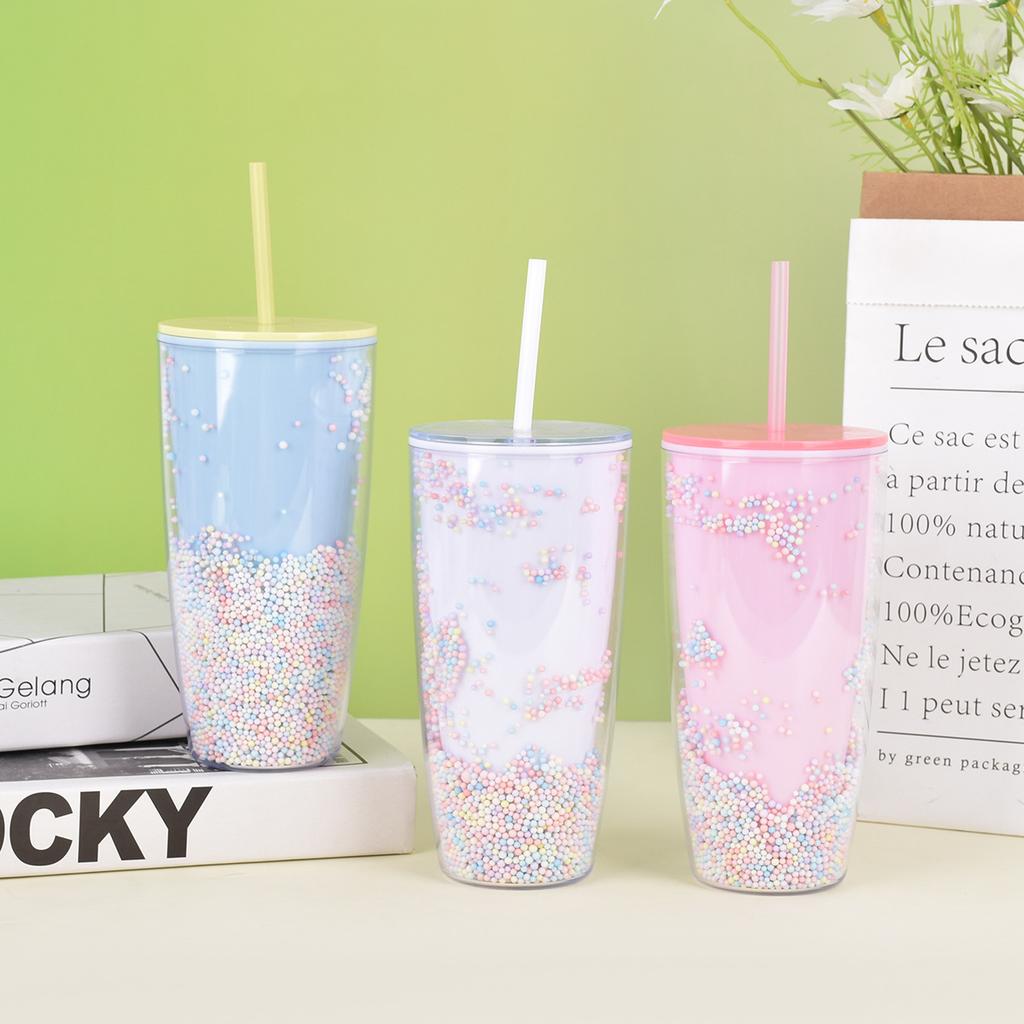 Water bottle fashion creative rainbow plastic bubble cup summer cute couple straw cup Internet celebrity foam double layer crushed ice cup