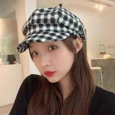 Woolen Plaid Beret Women's Season Niche College Style Japanese Retro Octagonal Newsboy Hat Painter Hat