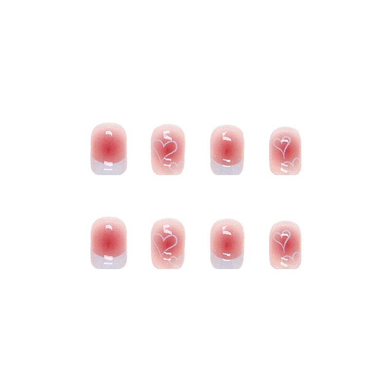 Transparent Pink Heart Nail Art Stickers - Short, Thin Nails with White Crescent Edges, Removable and Ready To Apply.