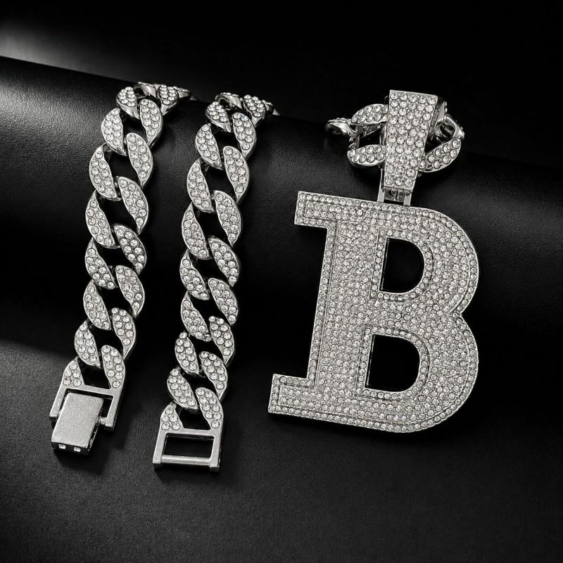 Hip Hop Alloy Letter Pendant Necklace With Full Rhinestone Inlay Cuban Chain Men Streetwear Fashion Accessory