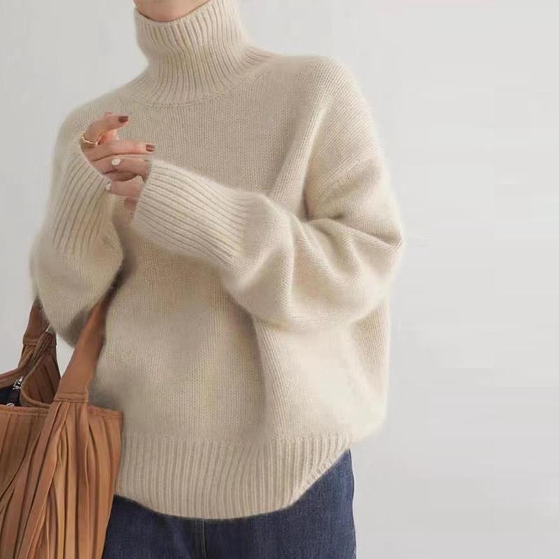 Damski sweter z wysokim kołnierzem, ciepły, luźny, dzianinowy, jesień, zima, gruby sweter, modny, długi rękaw, dzianina