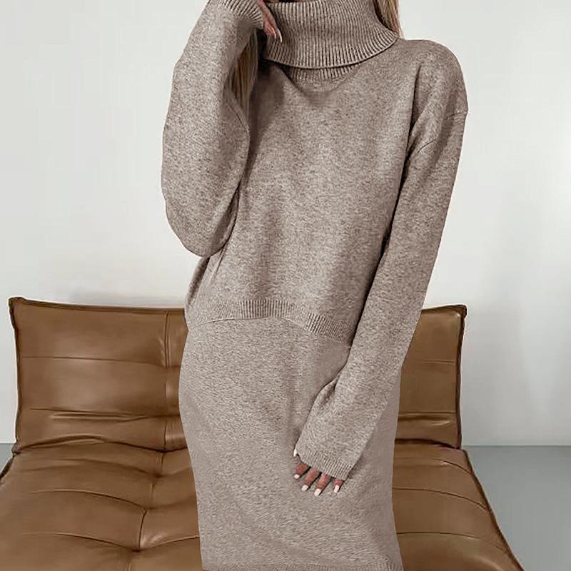 Women Turtleneck Sweater Dress Long Sleeve Loose Fit Knit Mini Dress Solid Color Casual Pullover Dress