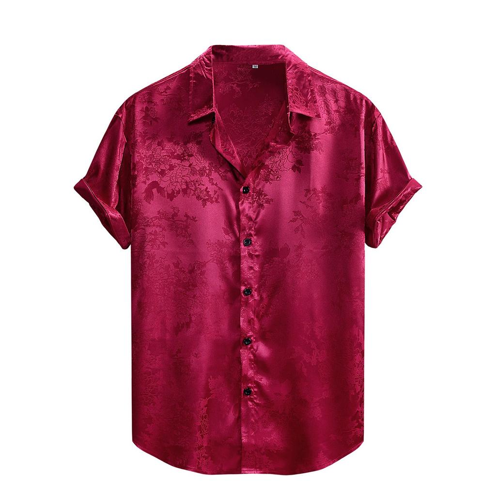 Herren Seidensatin Blumen Kurzarm Hemd mit Knöpfen Mode Ballparty Hemd