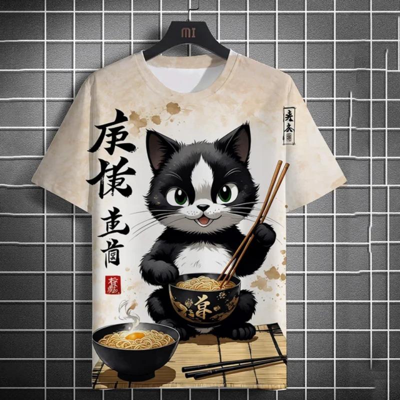 Summer Men's Fashion Casual Print Men's Cat Warrior Guard with Knife Art Print Hooded T-Shirt Round Neck Street T-Shirt Top