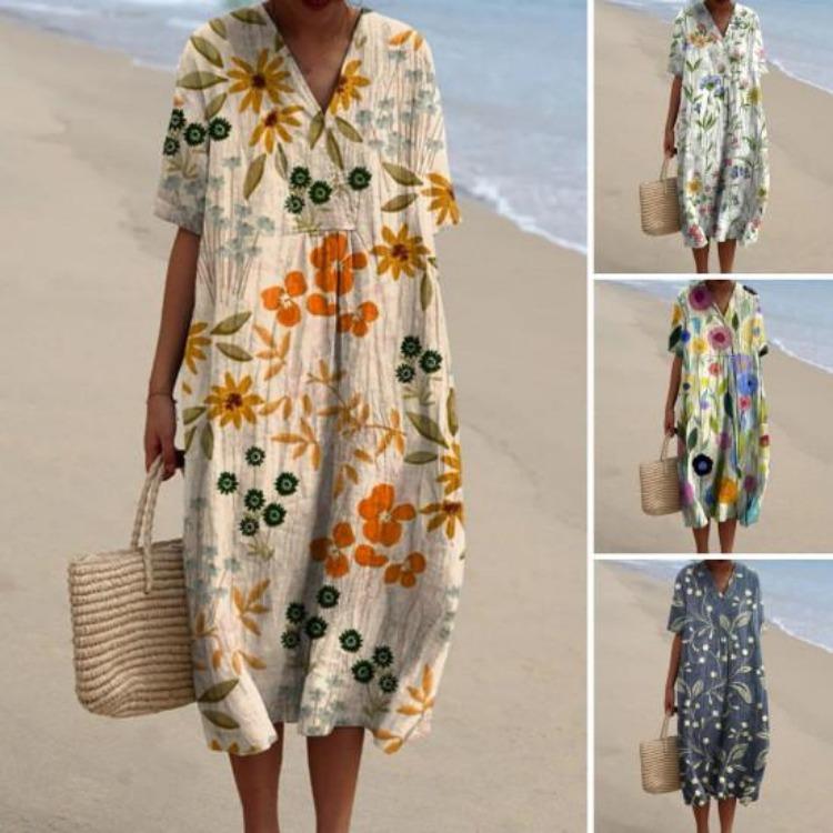 Vintage Floral Print Bohemian Summer Dress Women Loose V Neck Short Sleeves Knee Length A Line Beach Dating Midi Dress