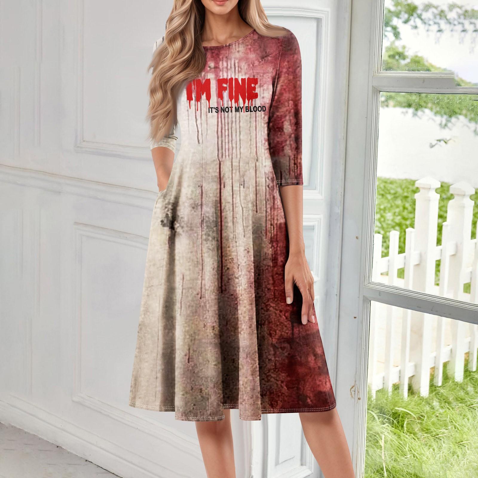 

Женское повседневное модное миди-платье с круглым вырезом, рукавом три четверти и принтом на Хэллоуин L