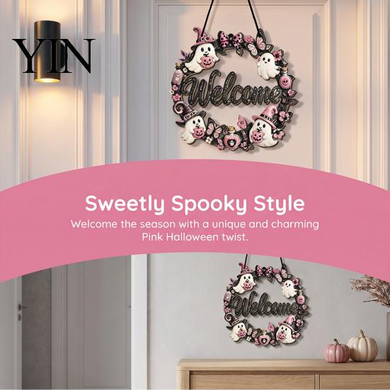 Wooden Craft Hanging Decoration Halloween Pumpkin Ghost Welcome Door Hanger Sign, Cute Wall Ornament with Bell Holiday Sign for Store Entry
