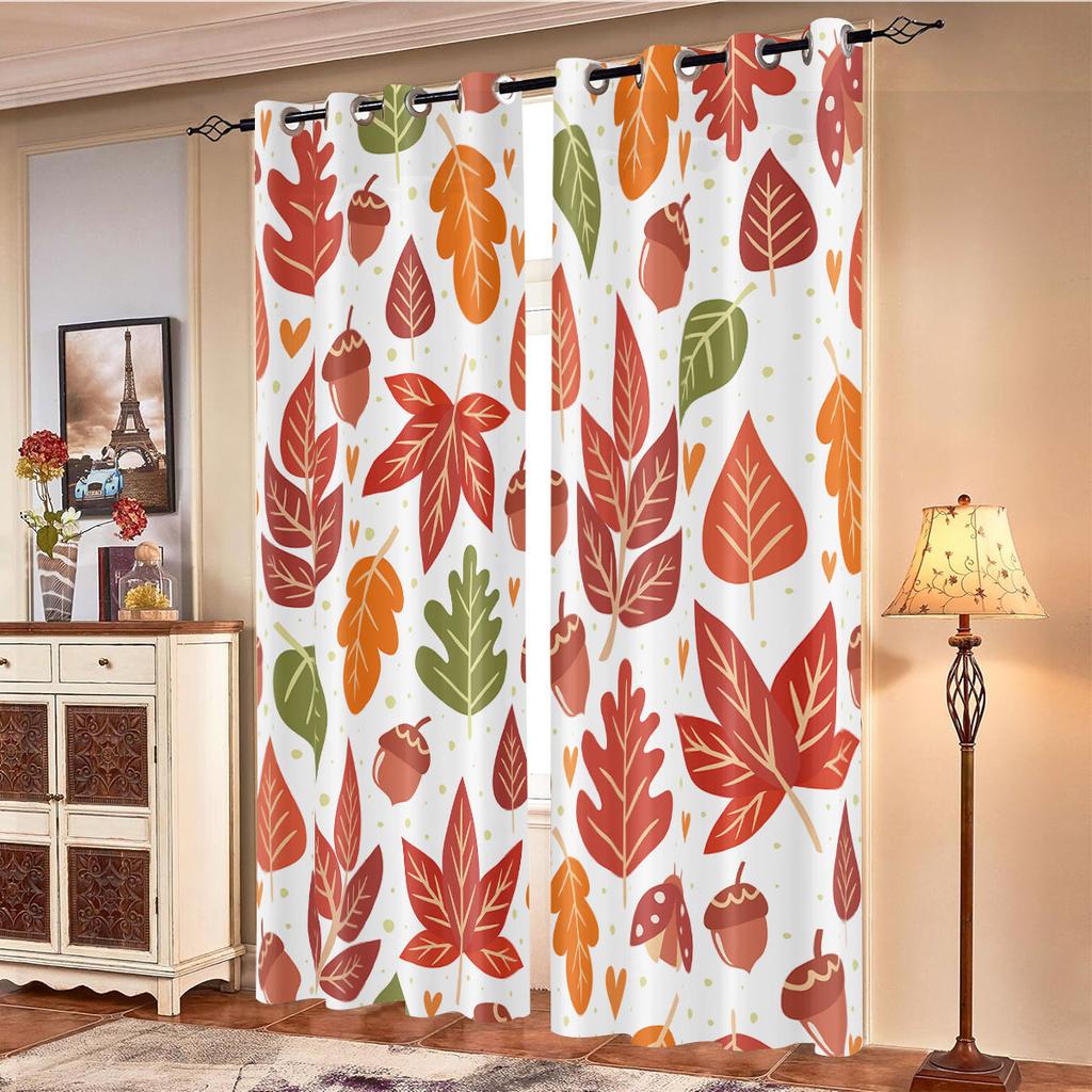 2pcs Autumn Leaf Print Perforated Blackout Curtains Multiple Size Living Room Bedroom Insulation Decoration   Easy Installation