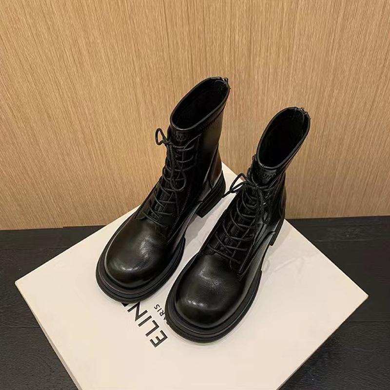 Autumn and winter new British lace-up Martin boots round head thick sole thick heel short boots women