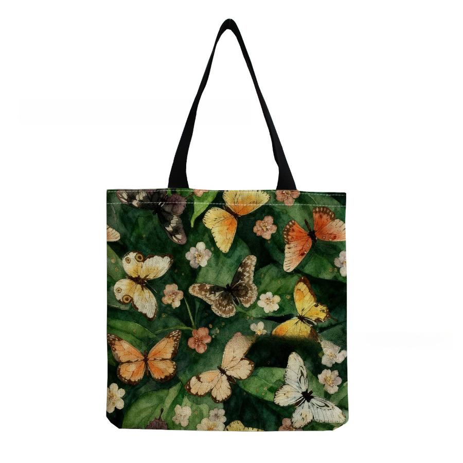 Women Vintage Linen Tote Bag - Large Capacity Butterfly Print Shoulder Handbag for Casual & Grocery Shopping KTB