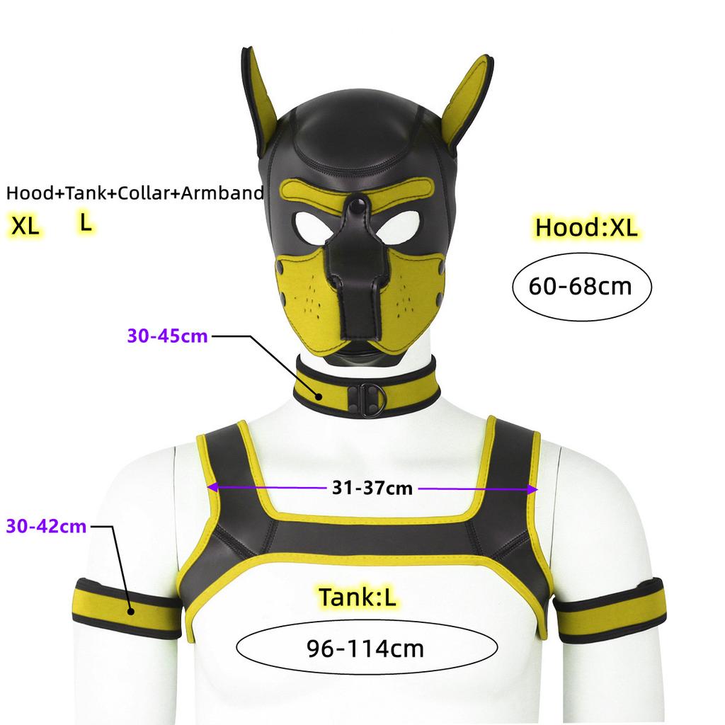 XL Large Size Cucciolo Cosplay Neoprene Fetish Hood Maschera Kit con fascia toracica Collare Fascia da braccio Costumi sessuali per BDSM Ruolo schiavo
